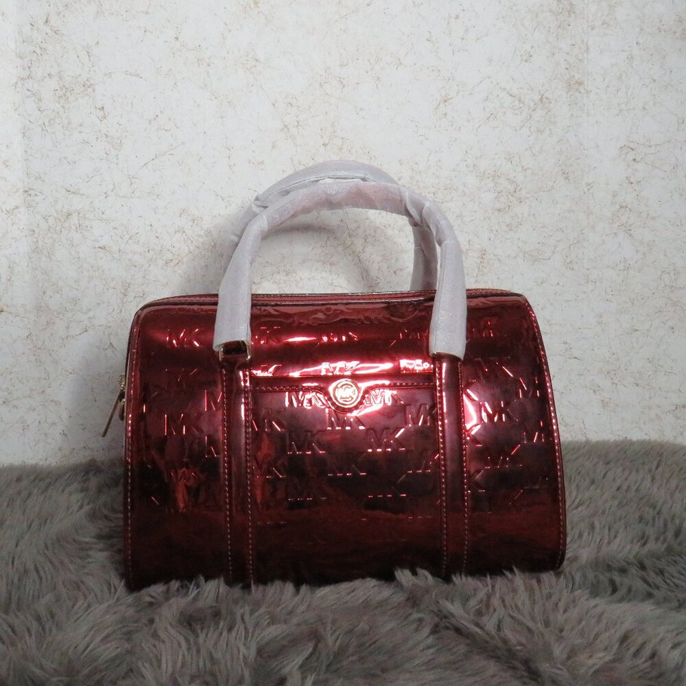 Michael Kors Jet Set Medium Metallic Logo Debossed Satchel (Cherry)